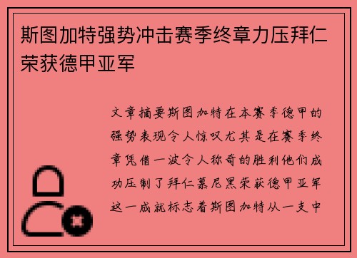斯图加特强势冲击赛季终章力压拜仁荣获德甲亚军