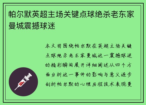 帕尔默英超主场关键点球绝杀老东家曼城震撼球迷